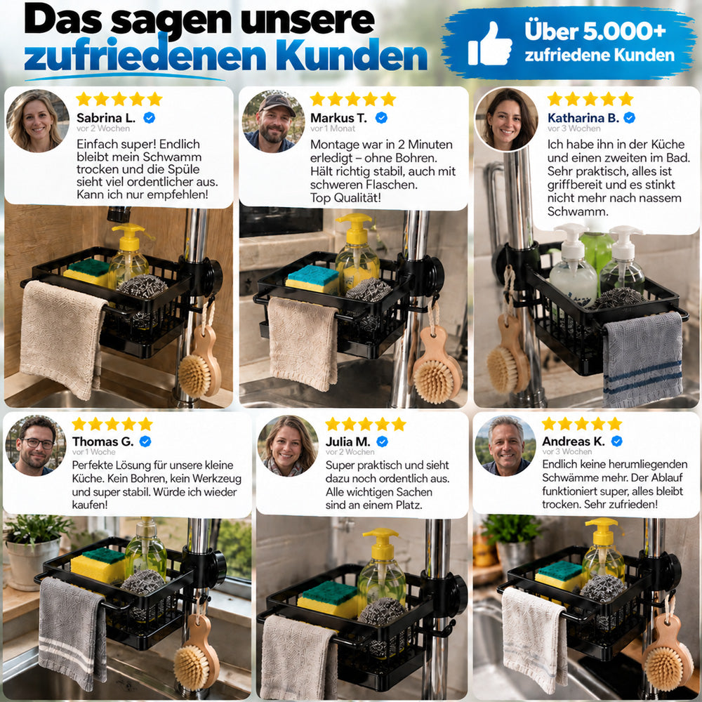 🧽 Edelstahl-Spülbecken-Organizer für den Wasserhahn – Mit abnehmbarer Tropfschale | Für Schwämme, Seife & Bürsten in Küche und Bad 🚿