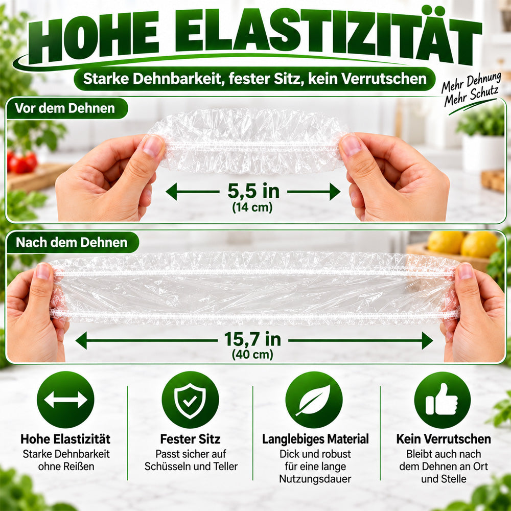 ❄️100 Stück Einweg-Frischhaltehauben🥗elastische Abdeckungen für Schüsseln & Teller, Alternative zu Frischhaltefolie für Lebensmittelaufbewahrung & Reste