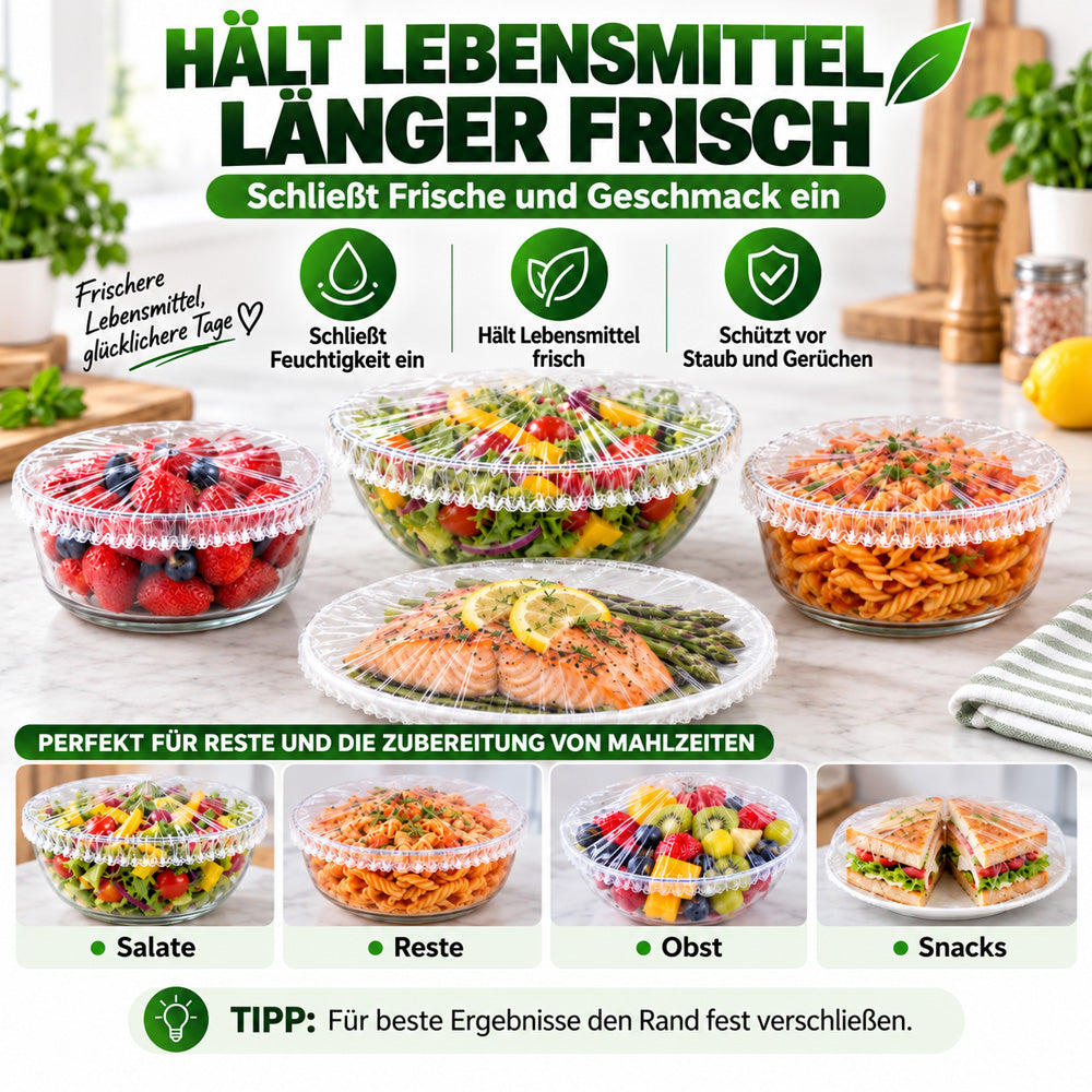 ❄️100 Stück Einweg-Frischhaltehauben🥗elastische Abdeckungen für Schüsseln & Teller, Alternative zu Frischhaltefolie für Lebensmittelaufbewahrung & Reste