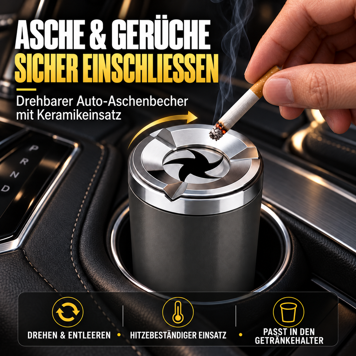 🚗 Drehbarer Auto-Aschenbecher mit Keramikeinsatz – Auslaufsicher, hitzebeständig & leicht zu reinigen