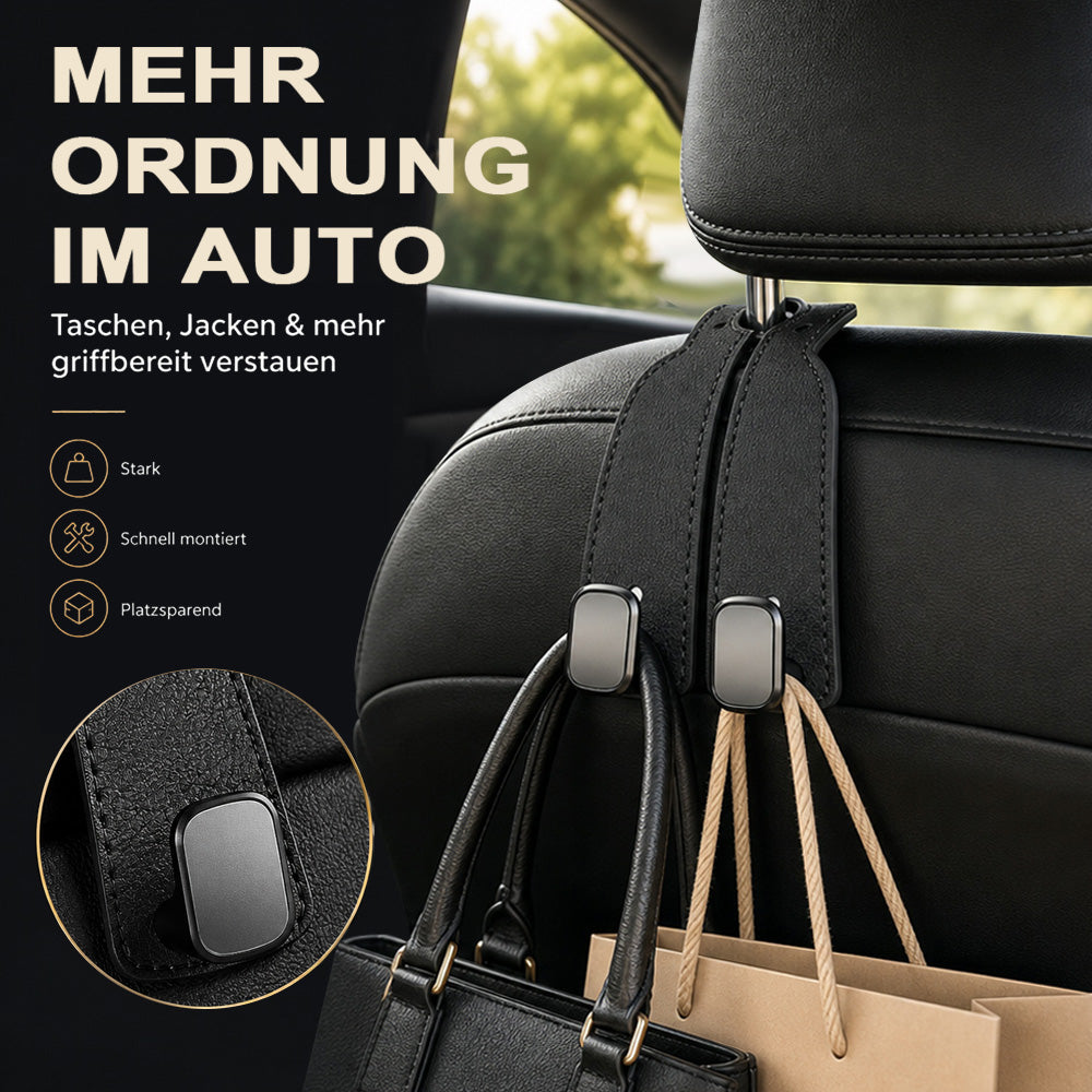 ✨ Auto-Kopfstützenhaken 🚗🛑 Kippschutz bei Vollbremsung | Robuste Doppelhaken für 🛍️ Einkaufstaschen, 👜 Handtaschen, 🎒 Rucksäcke & 🥡 Take-Away | Weiches Kunstleder