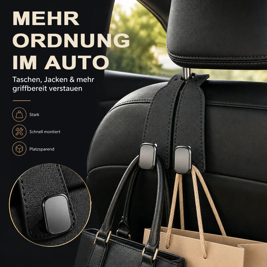 ✨ Auto-Kopfstützenhaken 🚗🛑 Kippschutz bei Vollbremsung | Robuste Doppelhaken für 🛍️ Einkaufstaschen, 👜 Handtaschen, 🎒 Rucksäcke & 🥡 Take-Away | Weiches Kunstleder