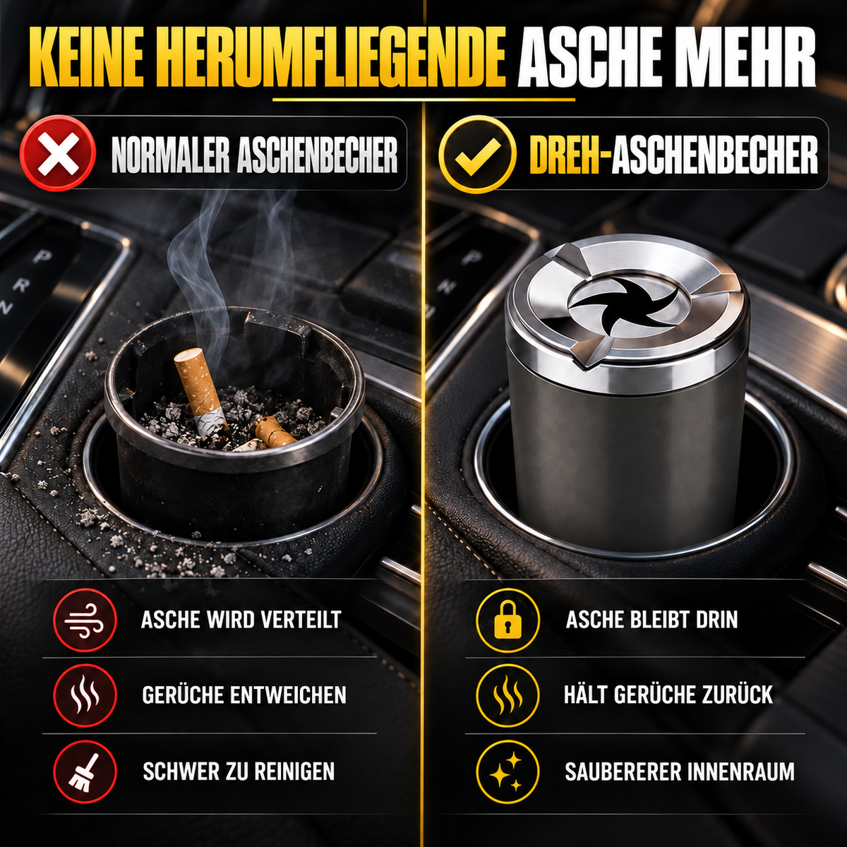 🚗 Drehbarer Auto-Aschenbecher mit Keramikeinsatz – Auslaufsicher, hitzebeständig & leicht zu reinigen