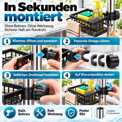 🧽 Edelstahl-Spülbecken-Organizer für den Wasserhahn – Mit abnehmbarer Tropfschale | Für Schwämme, Seife & Bürsten in Küche und Bad 🚿