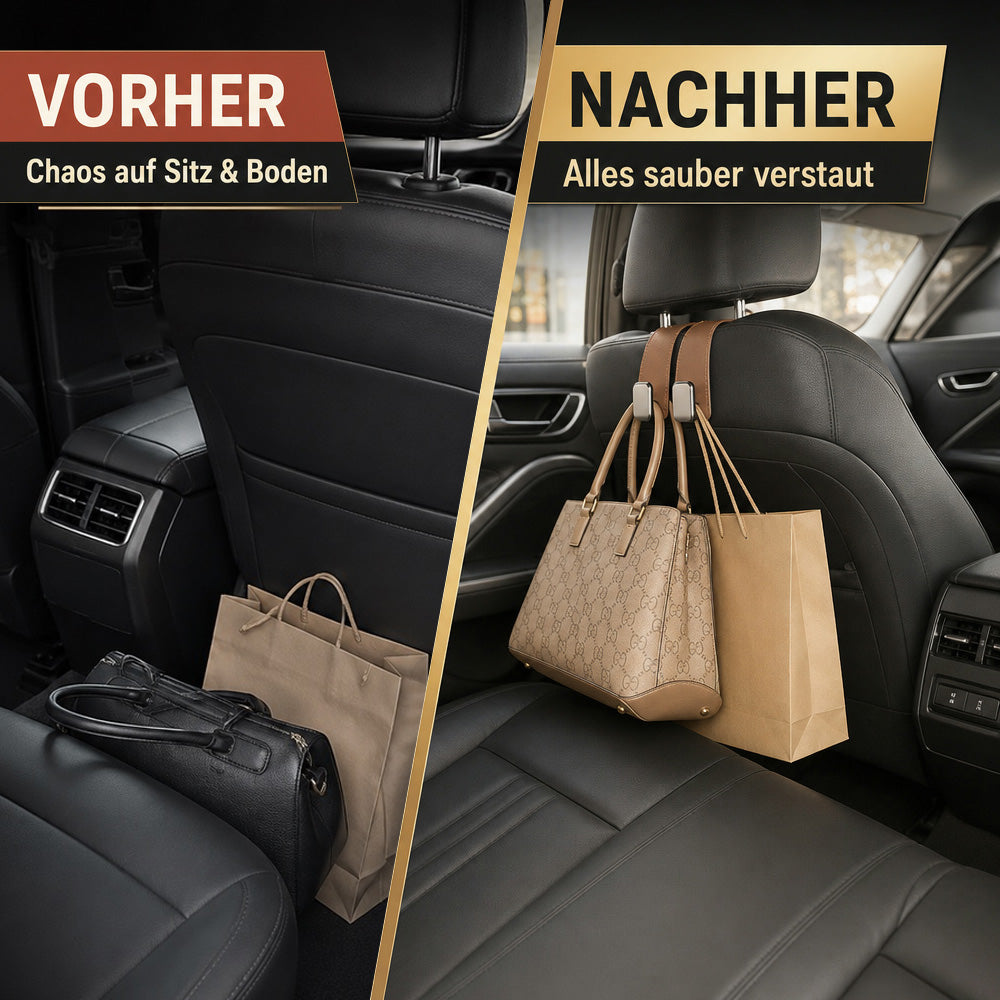 ✨ Auto-Kopfstützenhaken 🚗🛑 Kippschutz bei Vollbremsung | Robuste Doppelhaken für 🛍️ Einkaufstaschen, 👜 Handtaschen, 🎒 Rucksäcke & 🥡 Take-Away | Weiches Kunstleder