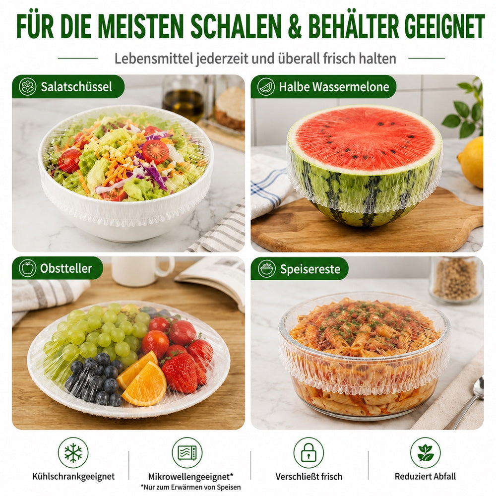 100 Stück Einweg-Frischhaltehauben, elastische Abdeckungen für Schüsseln & Teller, Alternative zu Frischhaltefolie für Lebensmittelaufbewahrung & Reste