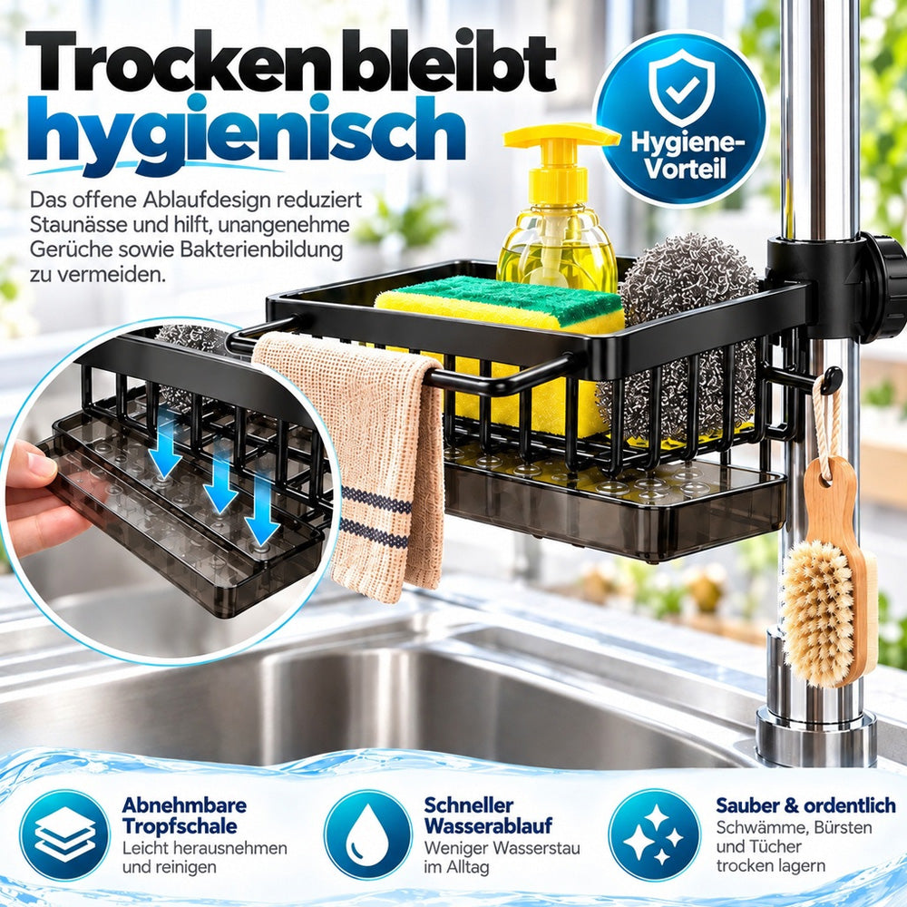 🧽 Edelstahl-Spülbecken-Organizer für den Wasserhahn – Mit abnehmbarer Tropfschale | Für Schwämme, Seife & Bürsten in Küche und Bad 🚿