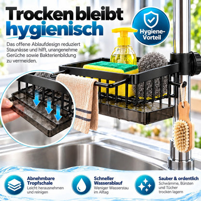 🧽 Edelstahl-Spülbecken-Organizer für den Wasserhahn – Mit abnehmbarer Tropfschale | Für Schwämme, Seife & Bürsten in Küche und Bad 🚿