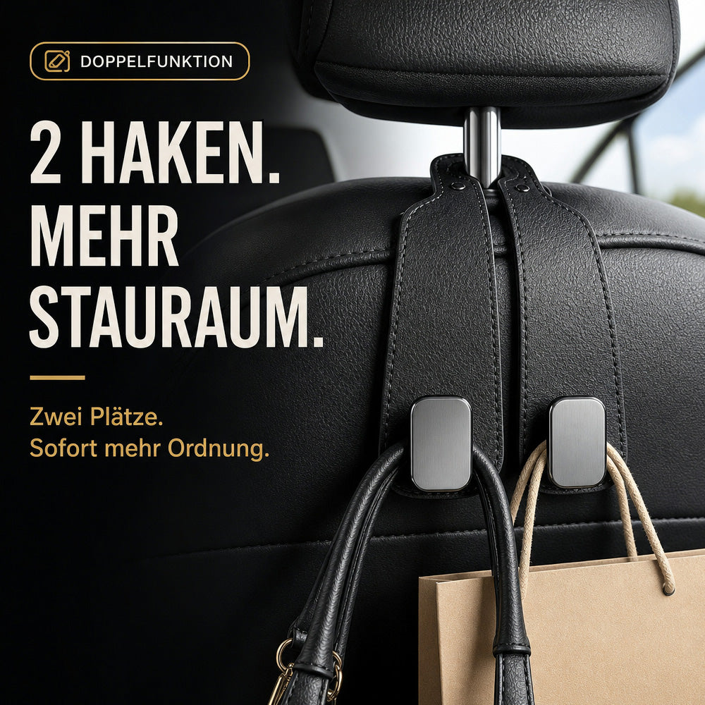 ✨ Auto-Kopfstützenhaken 🚗🛑 Kippschutz bei Vollbremsung | Robuste Doppelhaken für 🛍️ Einkaufstaschen, 👜 Handtaschen, 🎒 Rucksäcke & 🥡 Take-Away | Weiches Kunstleder