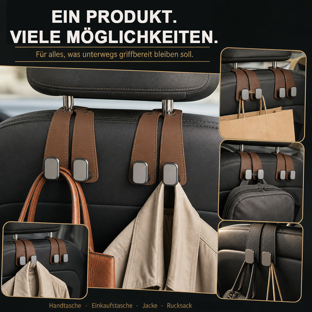 ✨ Auto-Kopfstützenhaken 🚗🛑 Kippschutz bei Vollbremsung | Robuste Doppelhaken für 🛍️ Einkaufstaschen, 👜 Handtaschen, 🎒 Rucksäcke & 🥡 Take-Away | Weiches Kunstleder