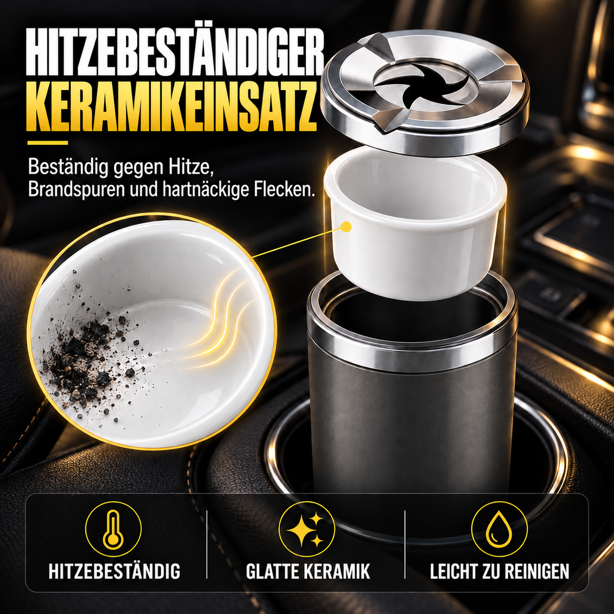 🚗 Drehbarer Auto-Aschenbecher mit Keramikeinsatz – Auslaufsicher, hitzebeständig & leicht zu reinigen