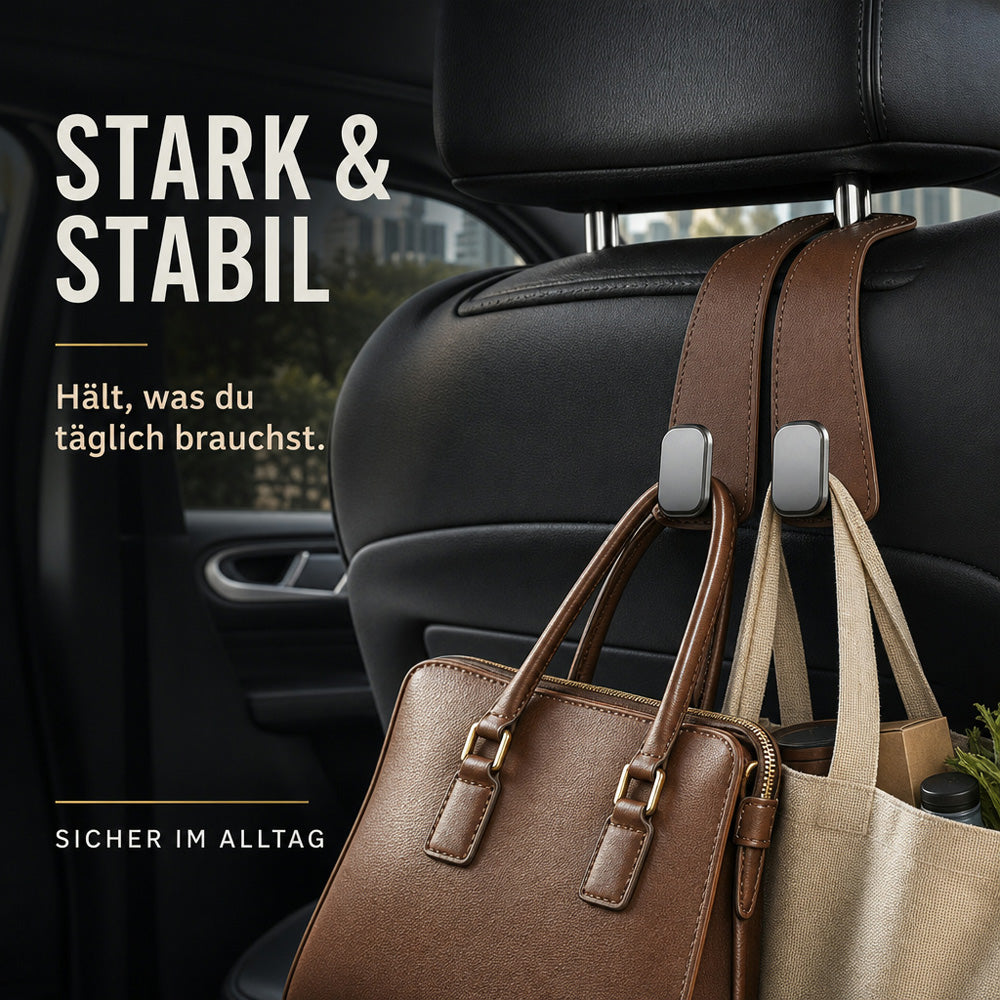 ✨ Auto-Kopfstützenhaken 🚗🛑 Kippschutz bei Vollbremsung | Robuste Doppelhaken für 🛍️ Einkaufstaschen, 👜 Handtaschen, 🎒 Rucksäcke & 🥡 Take-Away | Weiches Kunstleder