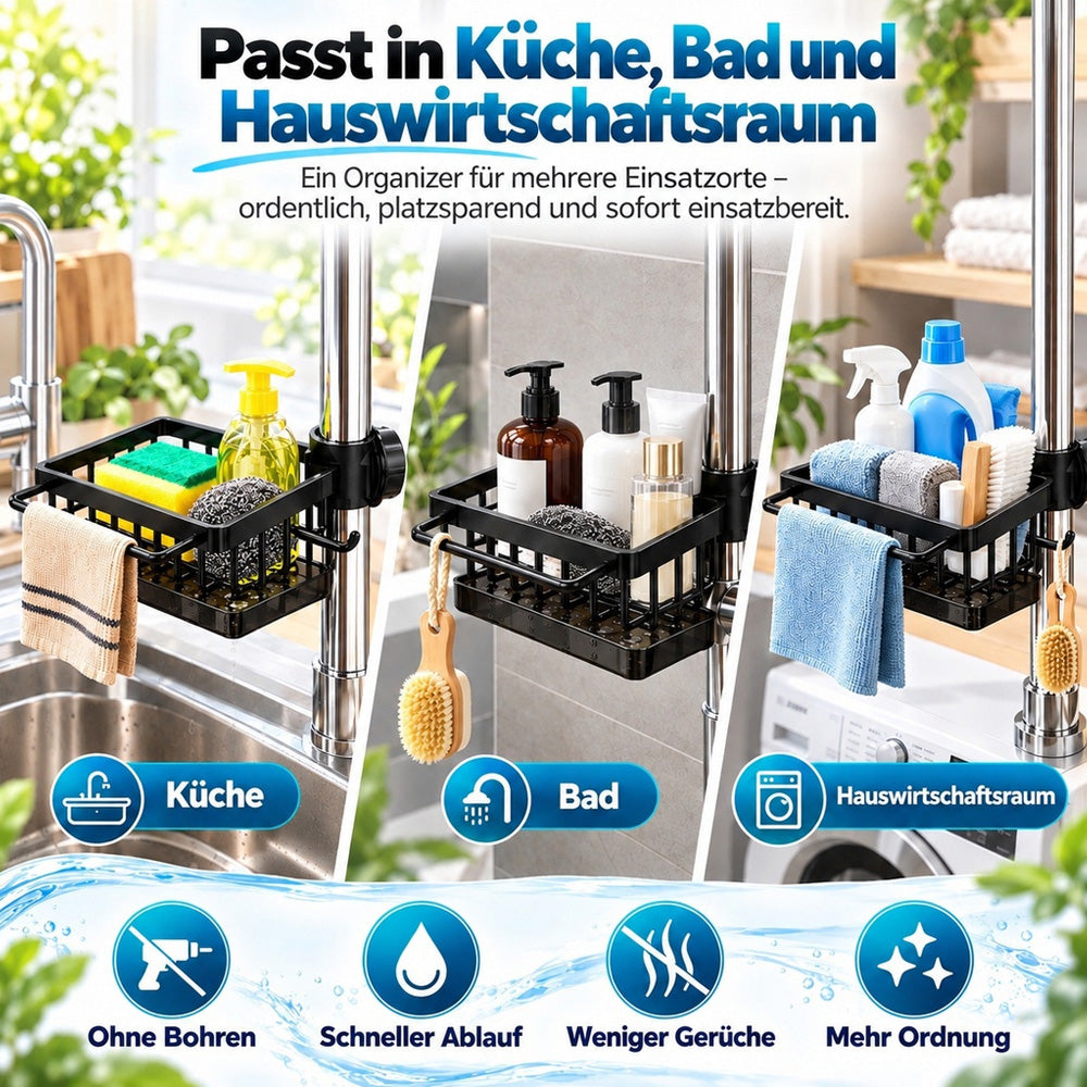 🧽 Edelstahl-Spülbecken-Organizer für den Wasserhahn – Mit abnehmbarer Tropfschale | Für Schwämme, Seife & Bürsten in Küche und Bad 🚿