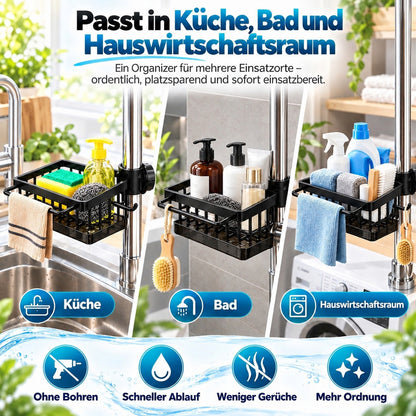 🧽 Edelstahl-Spülbecken-Organizer für den Wasserhahn – Mit abnehmbarer Tropfschale | Für Schwämme, Seife & Bürsten in Küche und Bad 🚿