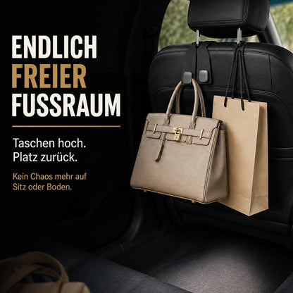 ✨ Auto-Kopfstützenhaken 🚗🛑 Kippschutz bei Vollbremsung | Robuste Doppelhaken für 🛍️ Einkaufstaschen, 👜 Handtaschen, 🎒 Rucksäcke & 🥡 Take-Away | Weiches Kunstleder