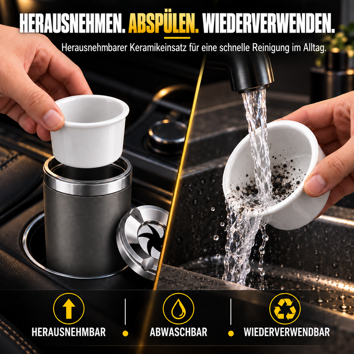 🚗 Drehbarer Auto-Aschenbecher mit Keramikeinsatz – Auslaufsicher, hitzebeständig & leicht zu reinigen