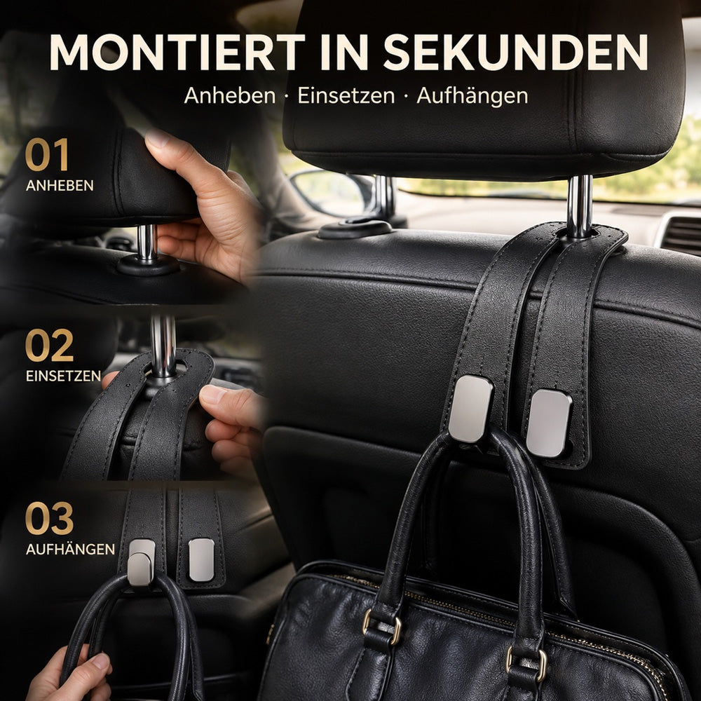 ✨ Auto-Kopfstützenhaken 🚗🛑 Kippschutz bei Vollbremsung | Robuste Doppelhaken für 🛍️ Einkaufstaschen, 👜 Handtaschen, 🎒 Rucksäcke & 🥡 Take-Away | Weiches Kunstleder