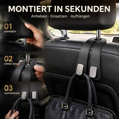 ✨ Auto-Kopfstützenhaken 🚗🛑 Kippschutz bei Vollbremsung | Robuste Doppelhaken für 🛍️ Einkaufstaschen, 👜 Handtaschen, 🎒 Rucksäcke & 🥡 Take-Away | Weiches Kunstleder