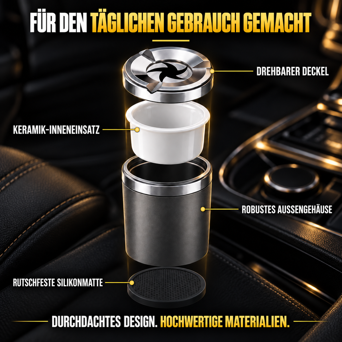 🚗 Drehbarer Auto-Aschenbecher mit Keramikeinsatz – Auslaufsicher, hitzebeständig & leicht zu reinigen