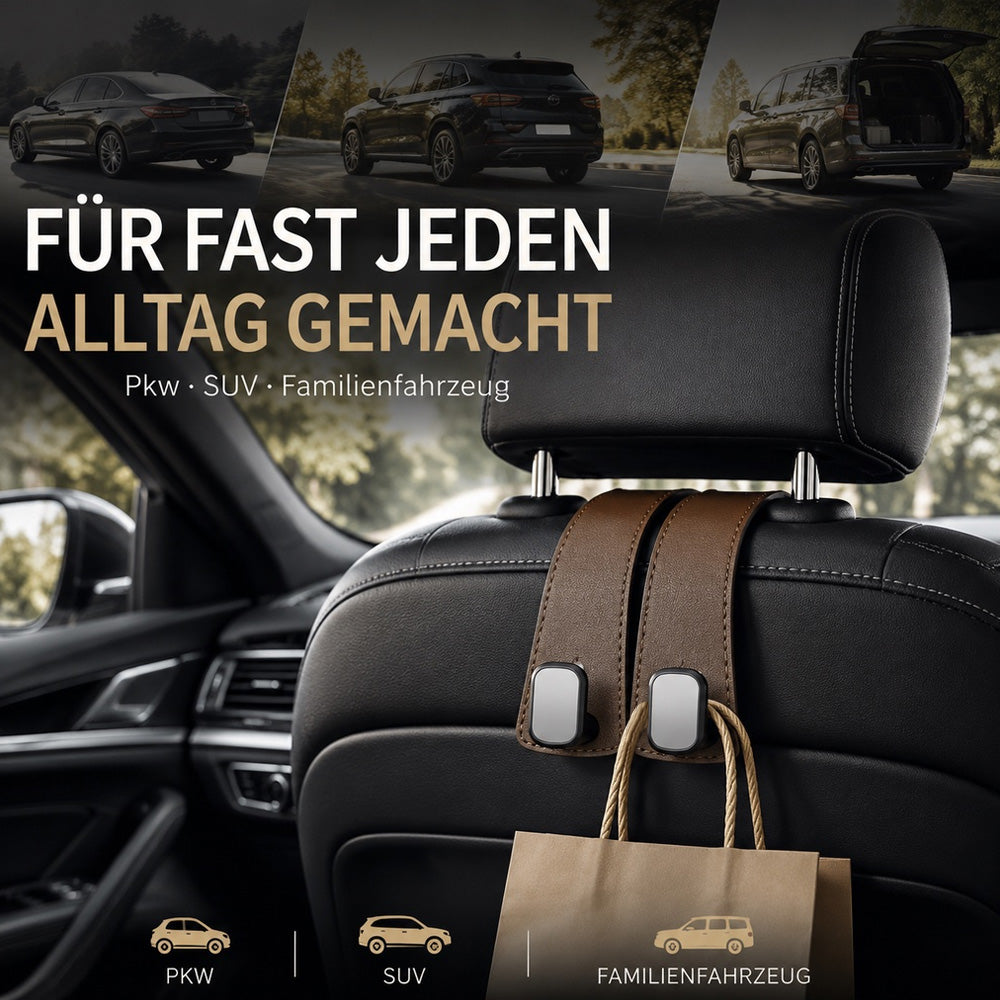 ✨ Auto-Kopfstützenhaken 🚗🛑 Kippschutz bei Vollbremsung | Robuste Doppelhaken für 🛍️ Einkaufstaschen, 👜 Handtaschen, 🎒 Rucksäcke & 🥡 Take-Away | Weiches Kunstleder