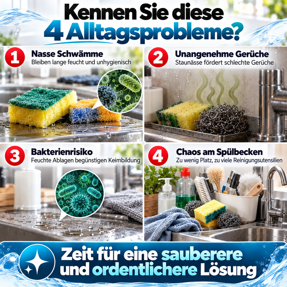 🧽 Edelstahl-Spülbecken-Organizer für den Wasserhahn – Mit abnehmbarer Tropfschale | Für Schwämme, Seife & Bürsten in Küche und Bad 🚿