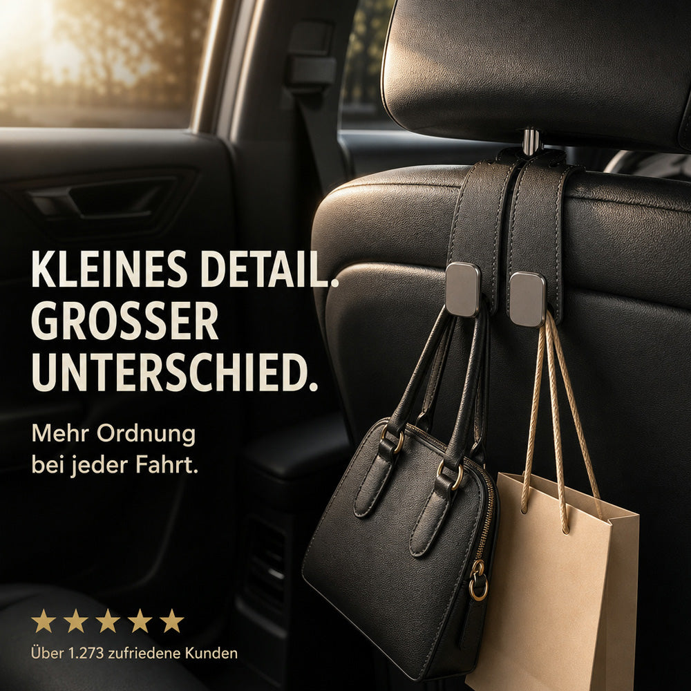 ✨ Auto-Kopfstützenhaken 🚗🛑 Kippschutz bei Vollbremsung | Robuste Doppelhaken für 🛍️ Einkaufstaschen, 👜 Handtaschen, 🎒 Rucksäcke & 🥡 Take-Away | Weiches Kunstleder