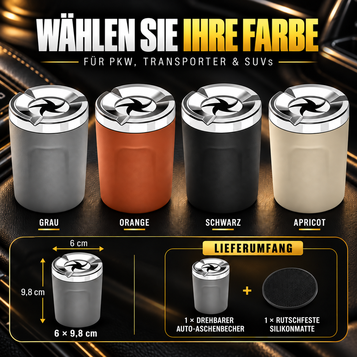 🚗 Drehbarer Auto-Aschenbecher mit Keramikeinsatz – Auslaufsicher, hitzebeständig & leicht zu reinigen