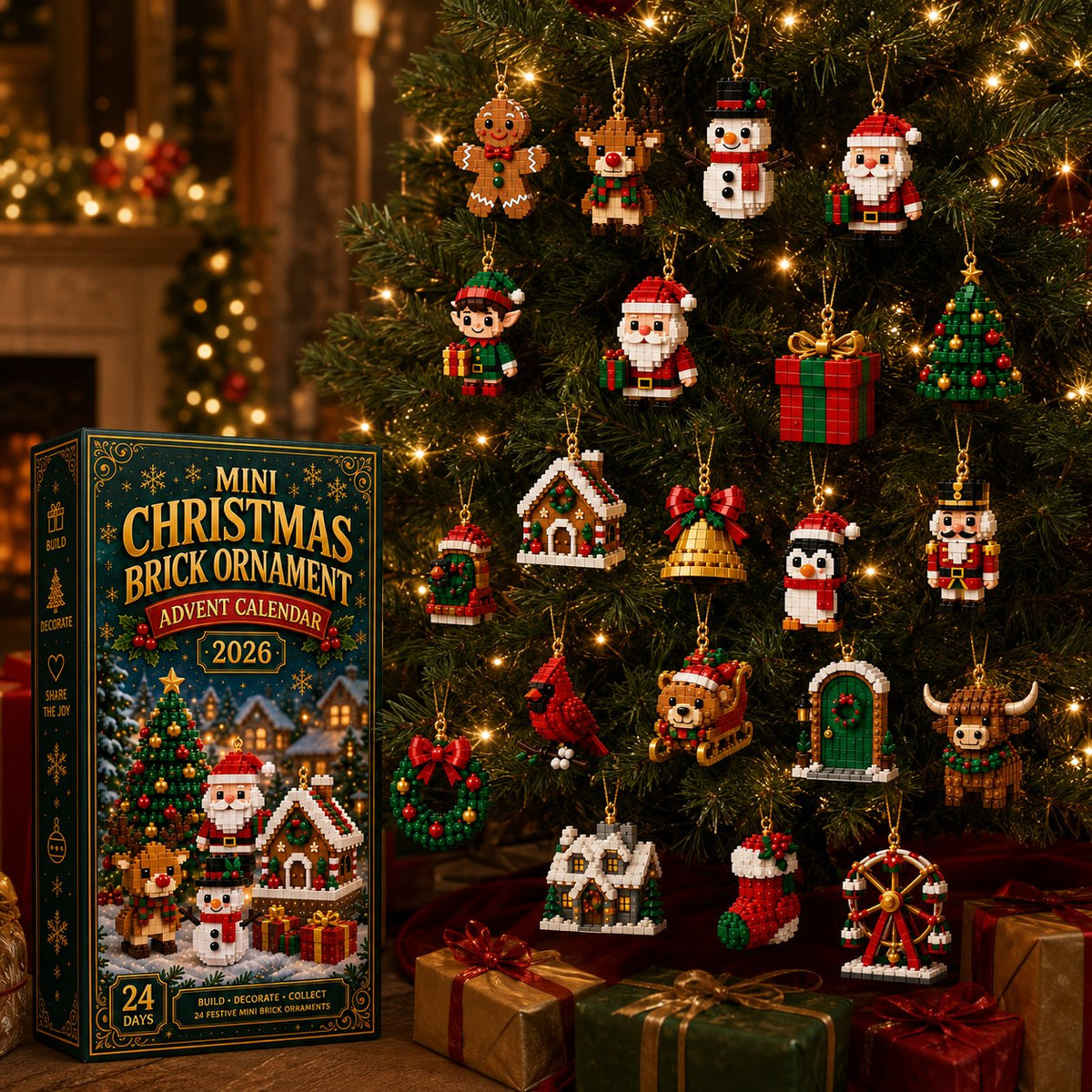 🎀 Weihnachtsvorverkauf 🎀 – 🎄 24-Tage-Adventskalender | 24 Mini-Weihnachtsornamente zum Aufhängen – für Weihnachtsbaum & Festtagsdeko 🧱