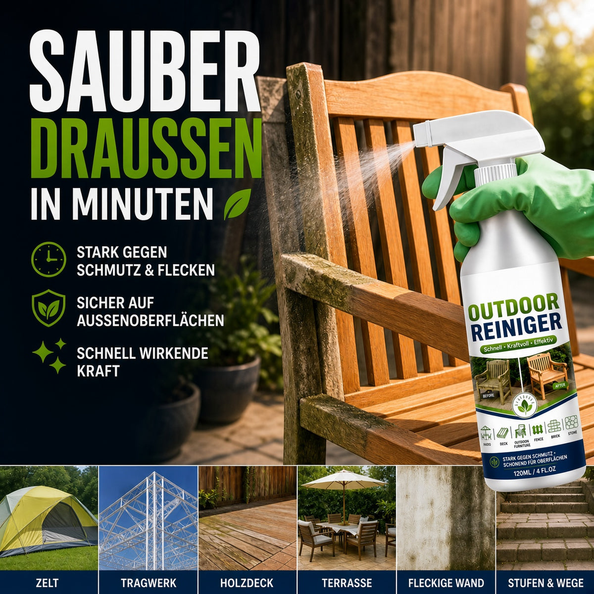 UPSELL🏆🏆🌿 NUR FÜR KURZE ZEIT 50 % RABATT! Outdoor-Oberflächenreiniger-Spray, schnell wirkender Fleckenentferner für Terrassen, Holzmöbel & Außenflächen