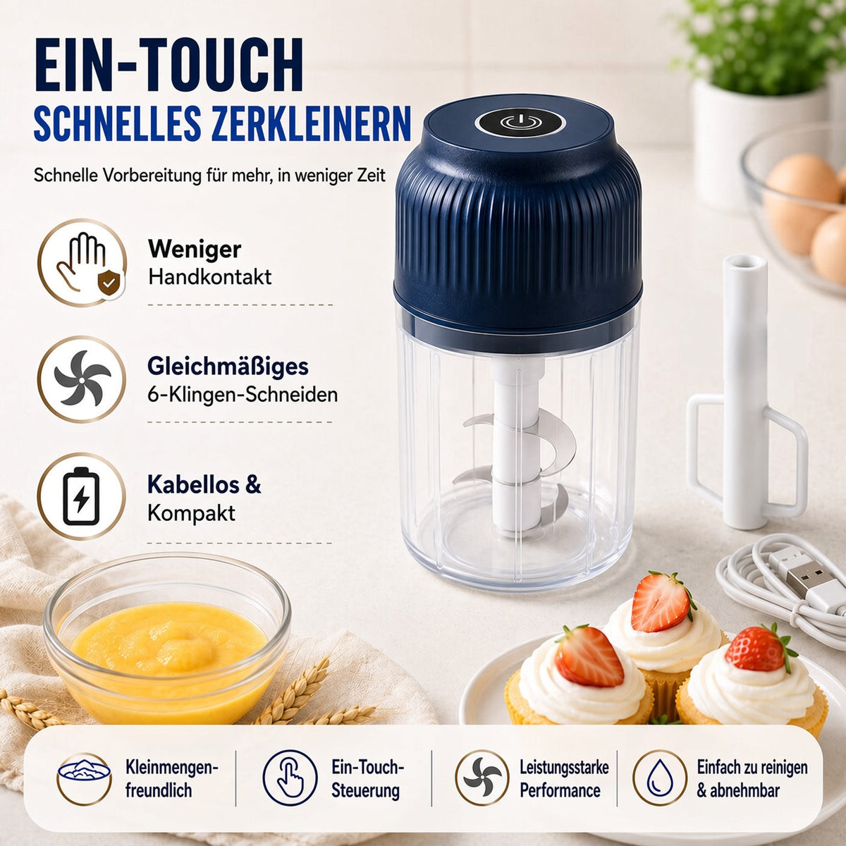 🍹🥑 50 % RABATT! 🌪️ 6-Klingen Elektrischer Zerkleinerer｜Für Gemüse, Zwiebeln, Kräuter, Nüsse & Fleisch｜Kabellos, One-Touch & Leicht zu Reinigen｜Baby Food Maker, Entsafter, Gewürzmühle & Fleischwolf