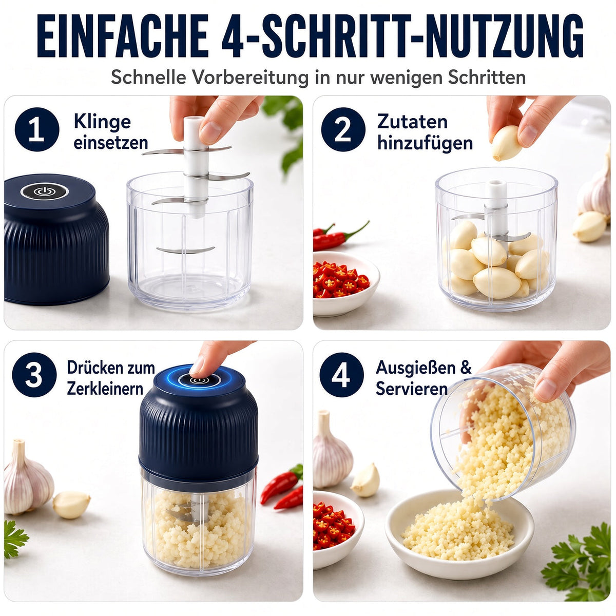 🍹🥑 50 % RABATT! 🌪️ 6-Klingen Elektrischer Zerkleinerer｜Für Gemüse, Zwiebeln, Kräuter, Nüsse & Fleisch｜Kabellos, One-Touch & Leicht zu Reinigen｜Baby Food Maker, Entsafter, Gewürzmühle & Fleischwolf