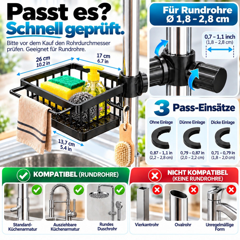 🧽 Edelstahl-Spülbecken-Organizer für den Wasserhahn – Mit abnehmbarer Tropfschale | Für Schwämme, Seife & Bürsten in Küche und Bad 🚿