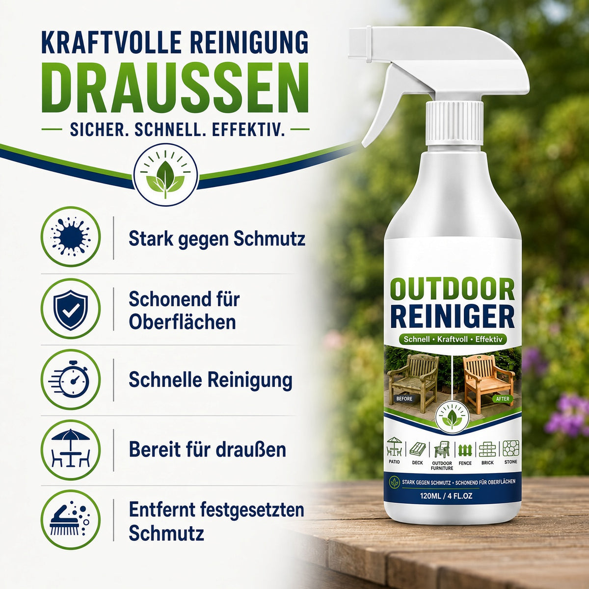 UPSELL🏆🏆🌿 NUR FÜR KURZE ZEIT 50 % RABATT! Outdoor-Oberflächenreiniger-Spray, schnell wirkender Fleckenentferner für Terrassen, Holzmöbel & Außenflächen