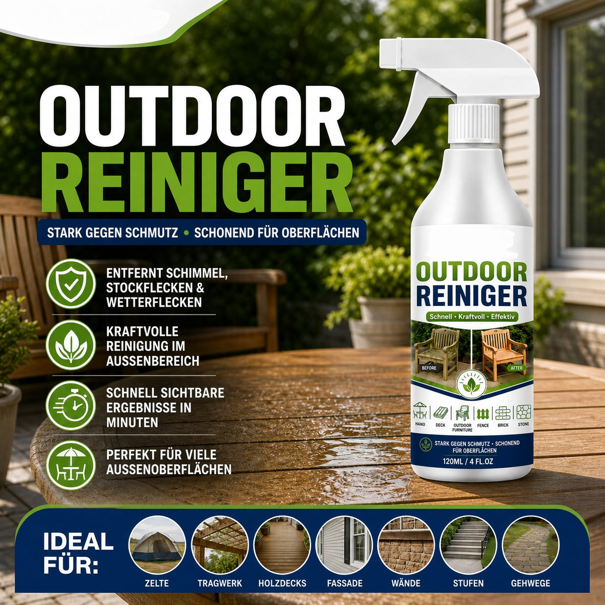 UPSELL🏆🏆🌿 NUR FÜR KURZE ZEIT 50 % RABATT! Outdoor-Oberflächenreiniger-Spray, schnell wirkender Fleckenentferner für Terrassen, Holzmöbel & Außenflächen
