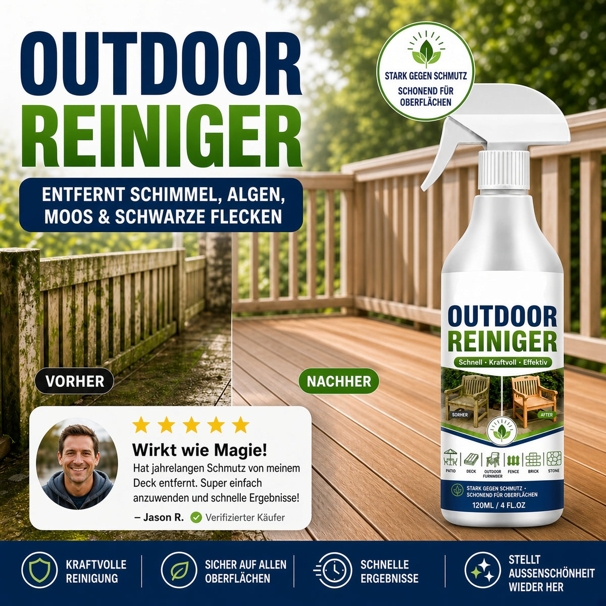 UPSELL🏆🏆🌿 NUR FÜR KURZE ZEIT 50 % RABATT! Outdoor-Oberflächenreiniger-Spray, schnell wirkender Fleckenentferner für Terrassen, Holzmöbel & Außenflächen